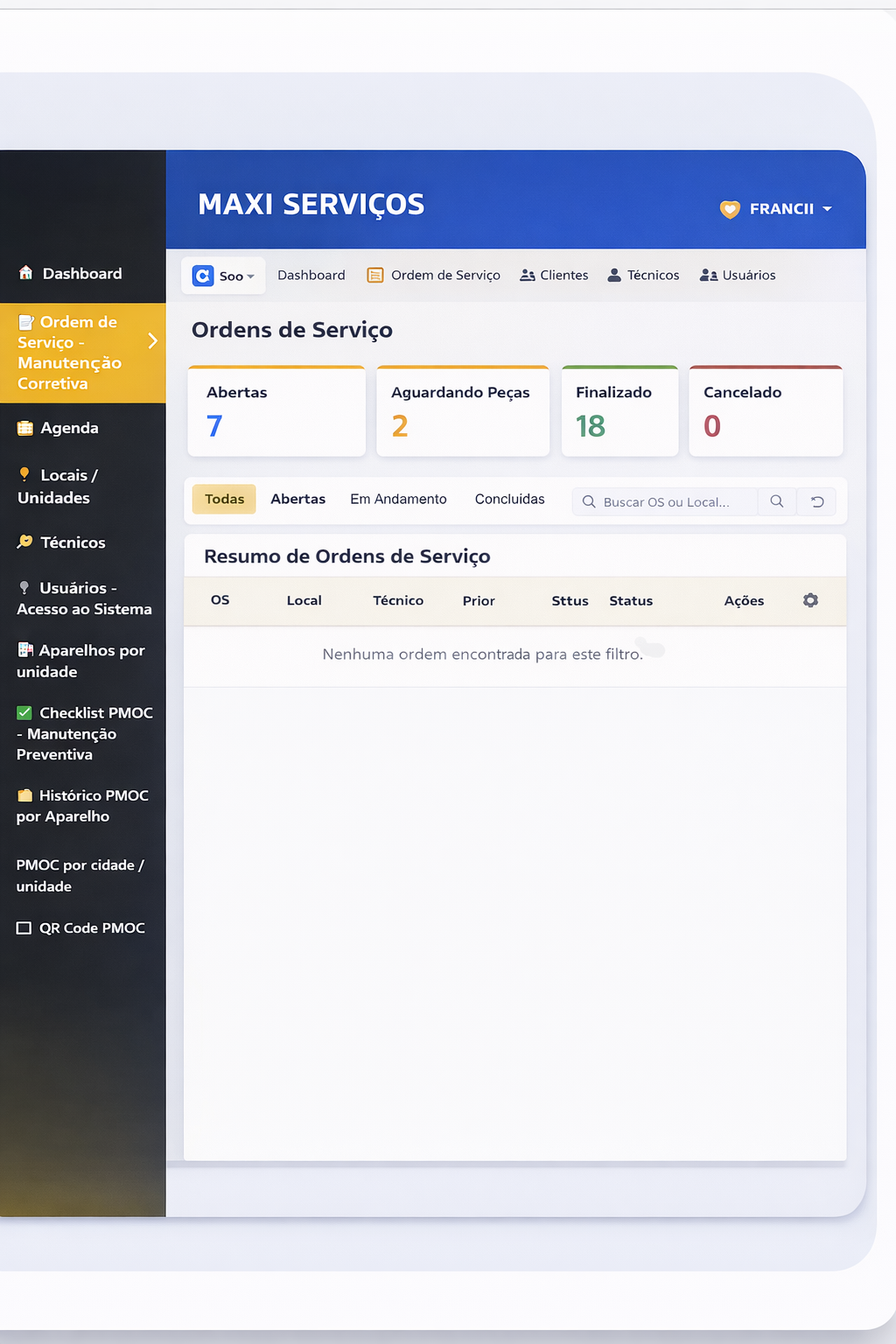 Painel do app Maxi Serviços